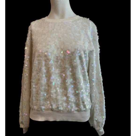 Ladies Large Sequined Ivory Crewneck Sweater Blouse Parker Beautiful Top - Picture 1 of 5